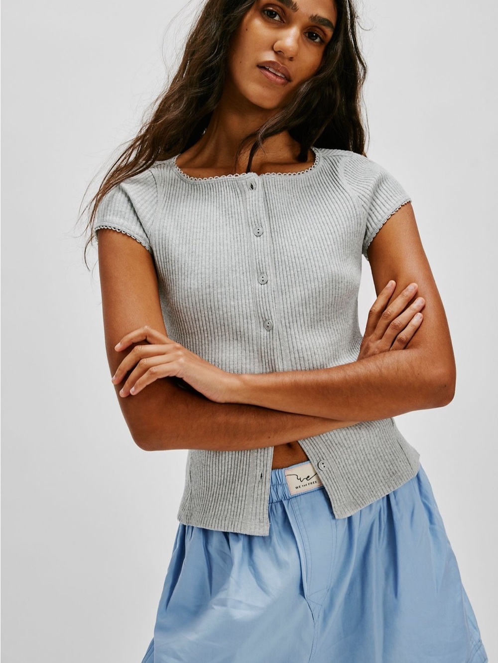 Free People Light Gray Ribbed Button-Front Short Sleeve Top